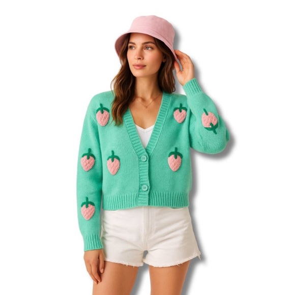 Luna Ivy 3D Knit Strawberry V-Neck Cardigan Sweater, Mint / Sea Foam Green Small - Picture 1 of 8